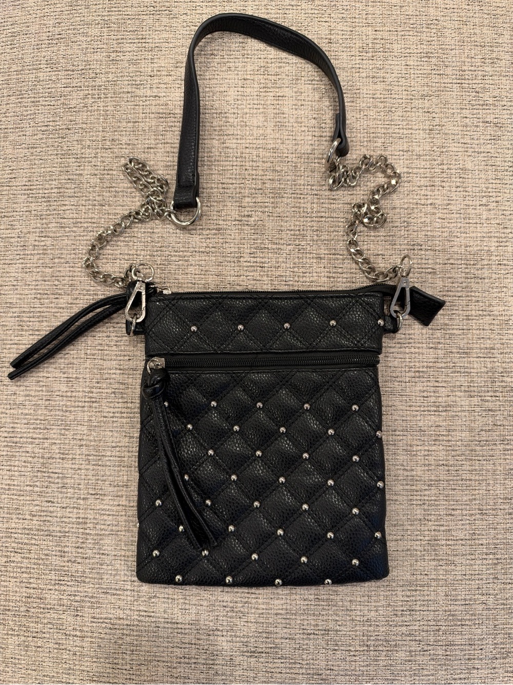 Black Quilted Crossbody with Silver Studs and Chain